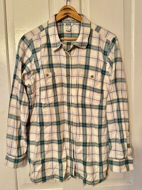 Duluth Trading Co Teal, White, Lilac and Orange Plaid Flannel Shirt